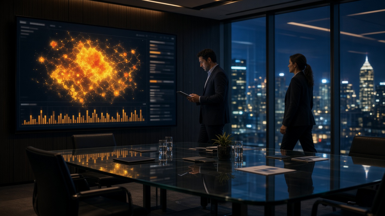Demand-generation war room at night with a wall of pipeline monitors